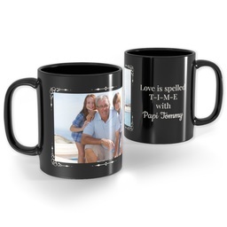 Black Ceramic Photo Mug, 11oz with Love is spelled TIME  design