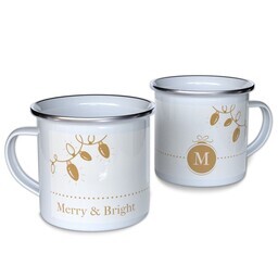 Personalized Enamel Campfire Mugs with Merry and Bright design