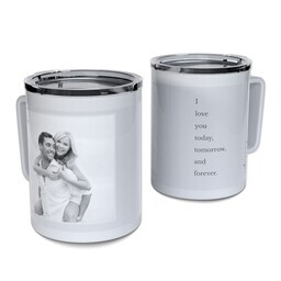 Personalized Coffee Travel Mugs with Monochrome Love design