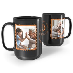 Black Ceramic Mug, 15oz with Orange Stamp Border  design