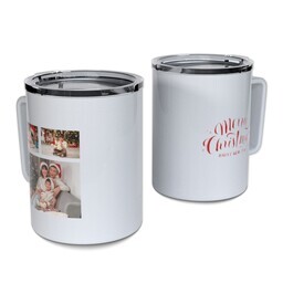 Personalized Coffee Travel Mugs with Red Merry Christmas design