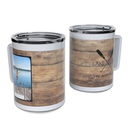 Personalized Coffee Travel Mugs with Rustic Lakehouse design