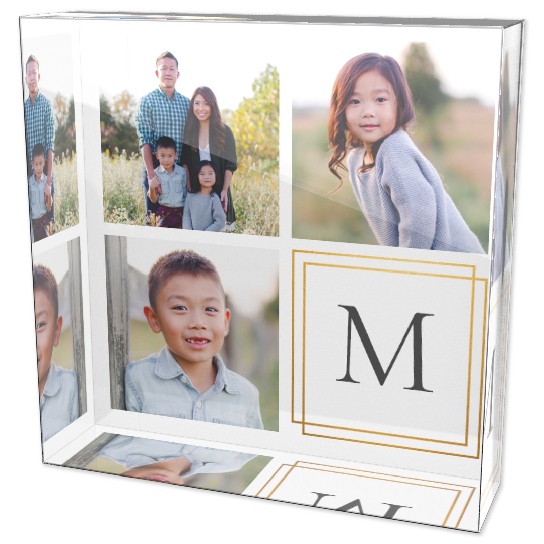 Acrylic Photo Block featuring a collage layout and monogram.