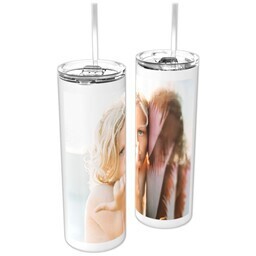 Tumbler With Straw: A skinny white tumbler with a straw, personalized with a wrap-around photo of a child.