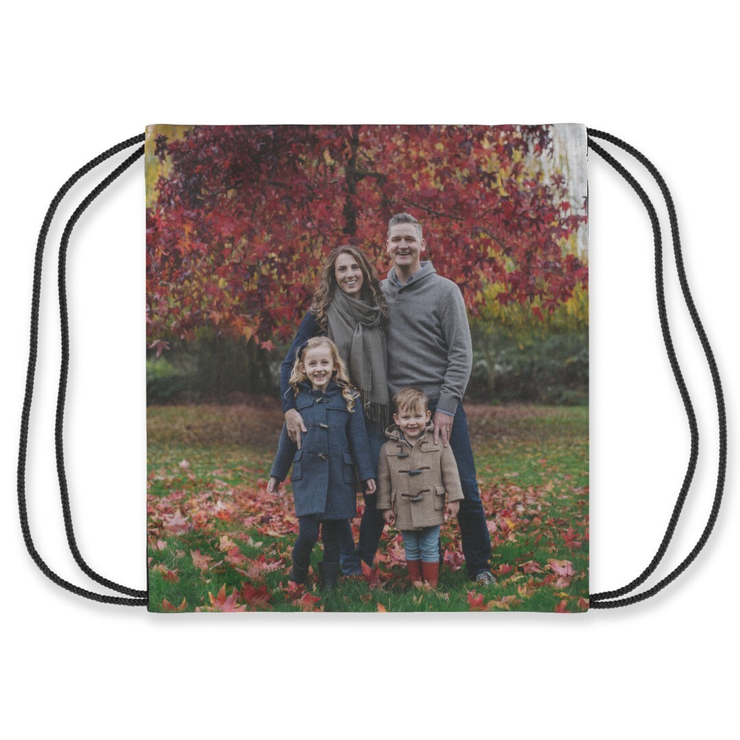 Drawstring Gym Bag: A drawstring bag personalized with a full-bleed family photo.
