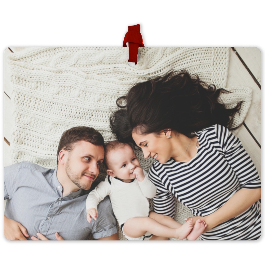 Double-Sided Ornament: A rectangular ornament with a full photo of a family lying on a blanket.