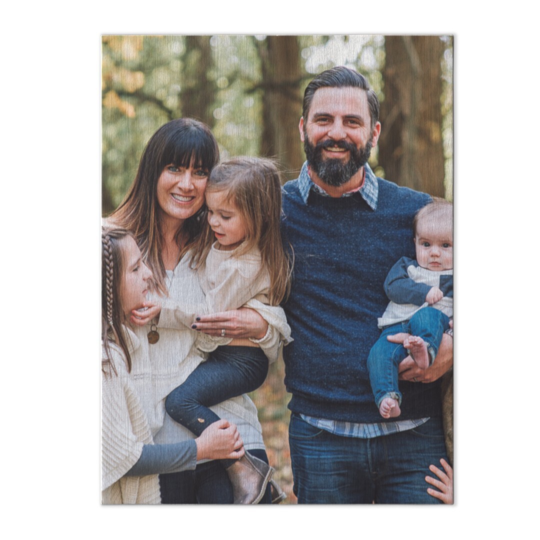 Woodbox Wall Art: A 6x8 wood box wall art print featuring a family of five standing close together in an outdoor wooded setting.