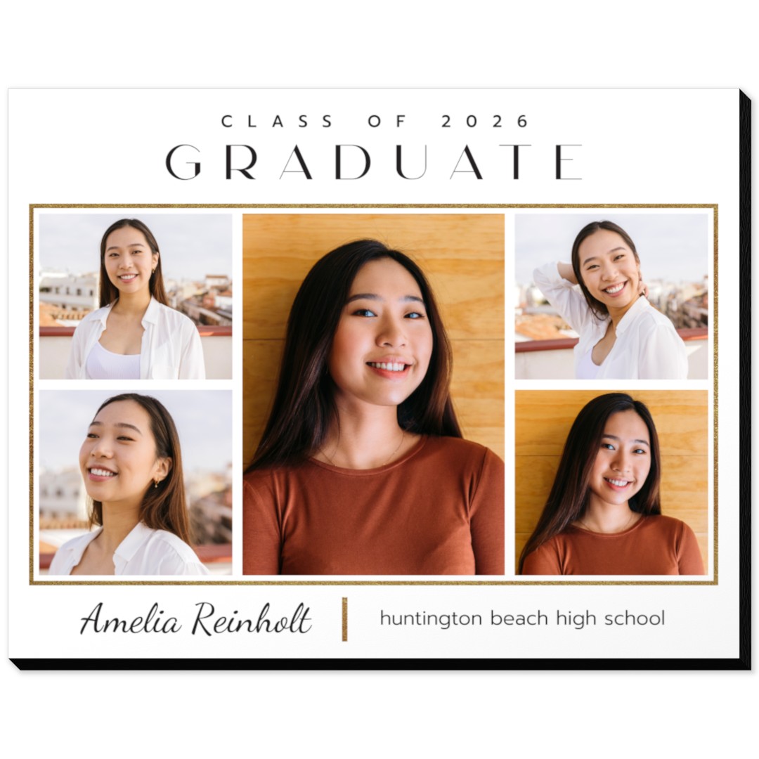 Mounted Photo: Custom graduation announcement featuring student details in gold frame