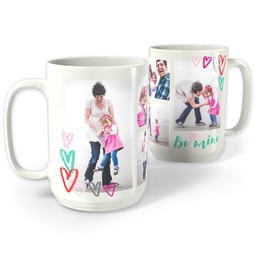 White Photo Mug, 15oz with Be Mine Hearts design