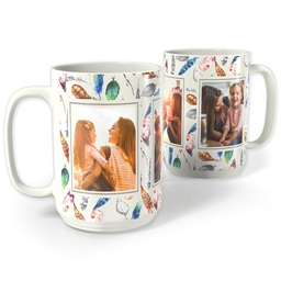 White Photo Mug, 15oz with Watercolor Feathers design
