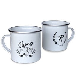 Personalized Enamel Campfire Mugs with Joy Monogram design