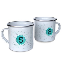 Personalized Enamel Campfire Mugs with Splatter Monogram design