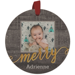 Maple Ornament - Round with Merry Wood design