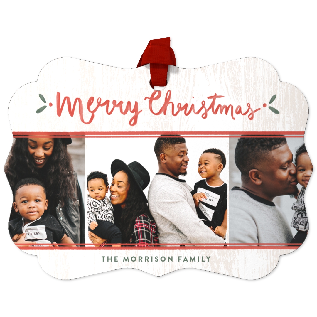 Scalloped Metal Ornament: A uniquely shaped metal ornament with a four-photo family collage and a Merry Christmas greeting.