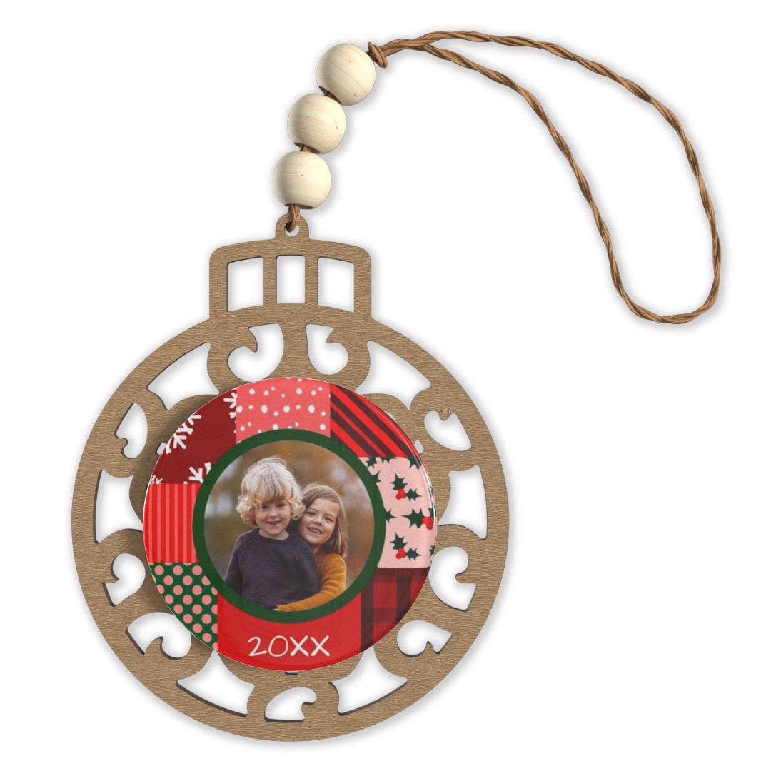 Beaded Wood & Acrylic Ornament: A layered wood and acrylic ornament with a photo of two children and a quilt pattern design.