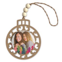 Beaded Wood & Acrylic Ornament with Colorful Christmas Forest design