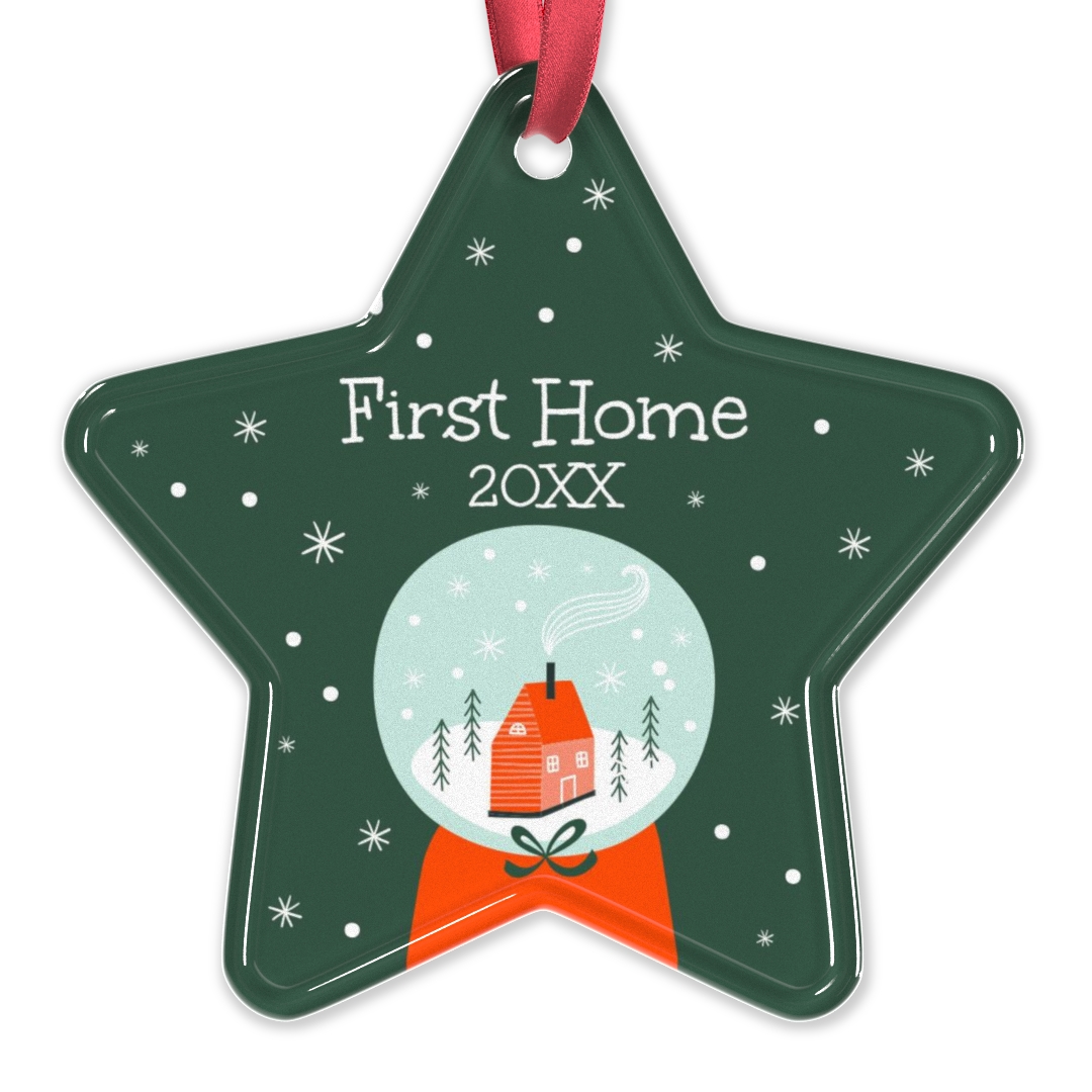 Acrylic Star Ornament: A star-shaped acrylic ornament with a snow globe illustration celebrating a first home.