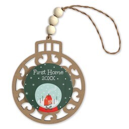 Beaded Wood & Acrylic Ornament with First Home Snow Globe design