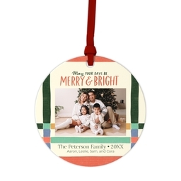 Ceramic Round Photo Ornament with Photo Strip Plaid design