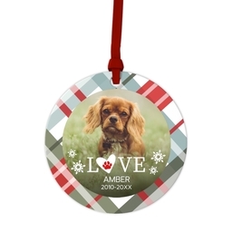 Ceramic Round Photo Ornament with Plaid Paw design