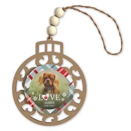 Beaded Wood & Acrylic Ornament with Plaid Paw design