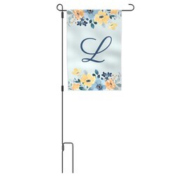 Garden Flag with Metal Stake with Blue Floral Monogram design