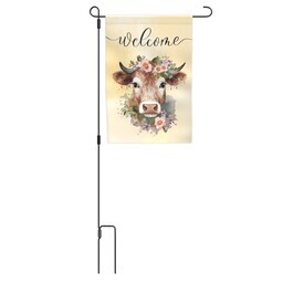 Garden Flag with Metal Stake with Floral Cow design