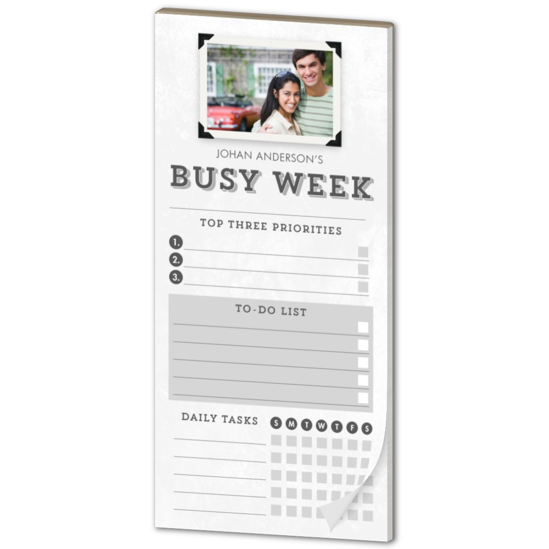 Magnetic Notepads: A personalized magnetic weekly planner notepad with a photo and sections for priorities and tasks.