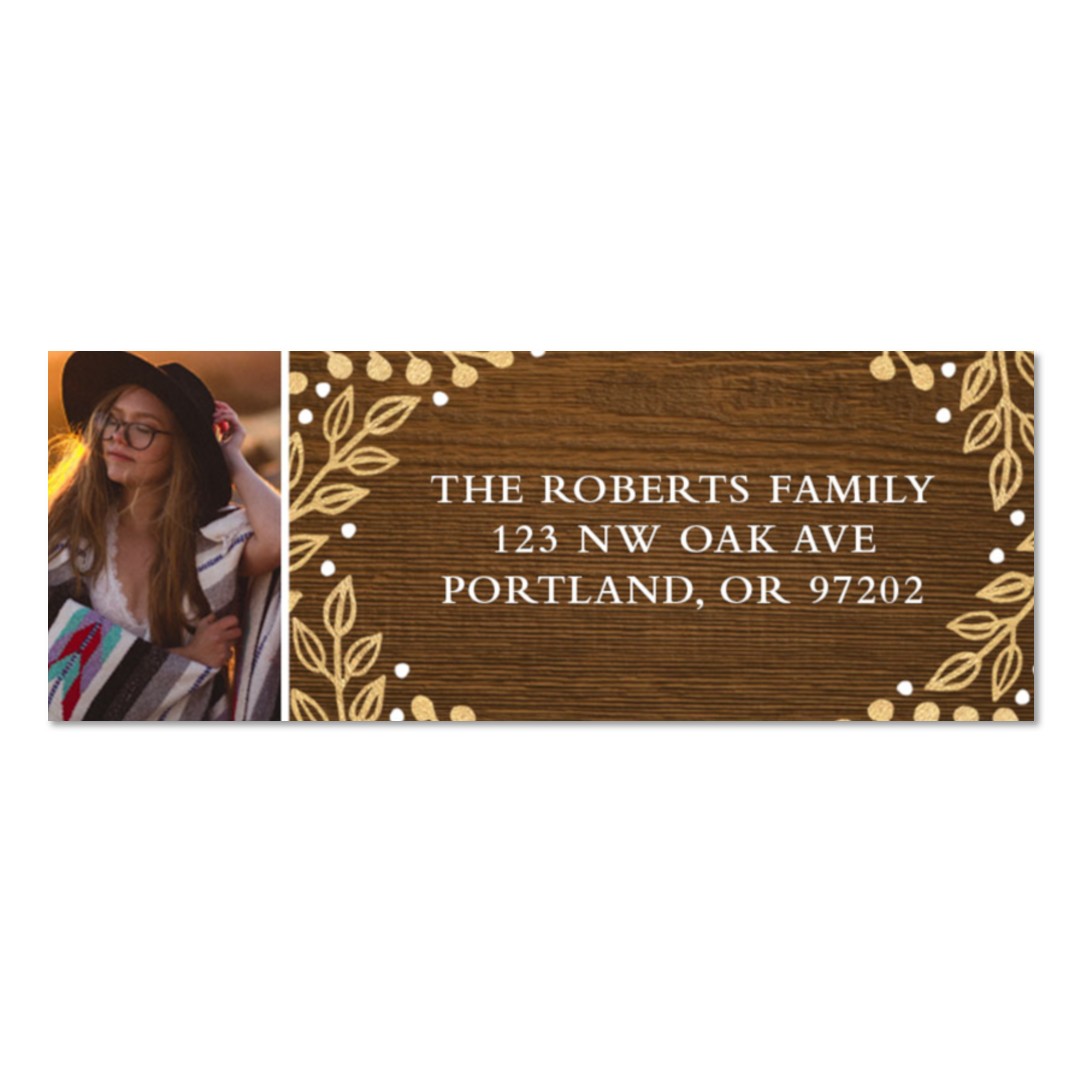 address labels: A personalized return address label with a photo, a wood grain background, and a gold leaf border.