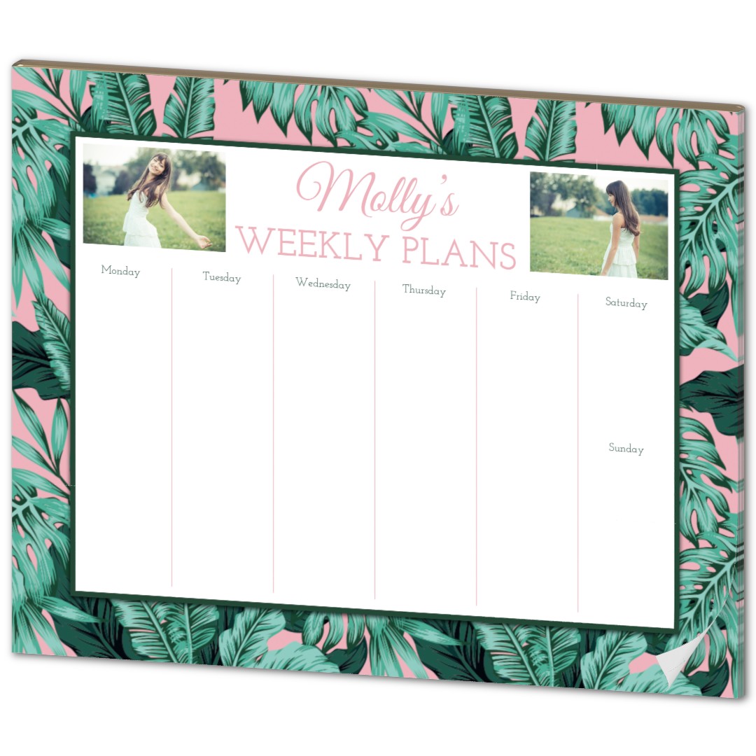 notepad planner: A personalized weekly planner notepad with a tropical leaf design, two photos, and a custom name.