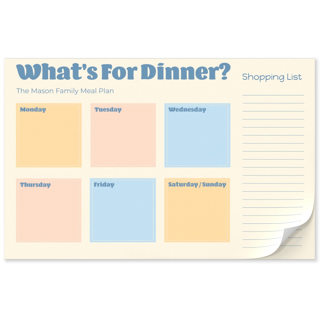 Personalized Tear Away Placemat: A weekly meal planner notepad with sections for each day's dinner and a shopping list.