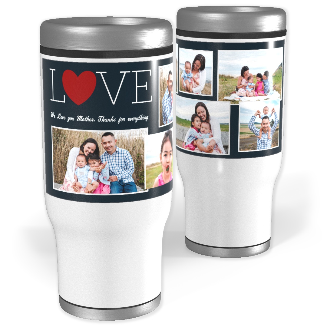 Travel Tumblers: A white travel tumbler personalized with a photo of a person looking at a lake.