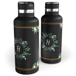20oz Black Stainless Steel Tank Water Bottle with Botanical Initials design