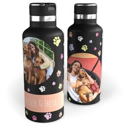 20oz Black Stainless Steel Tank Water Bottle with Pastel Paws design